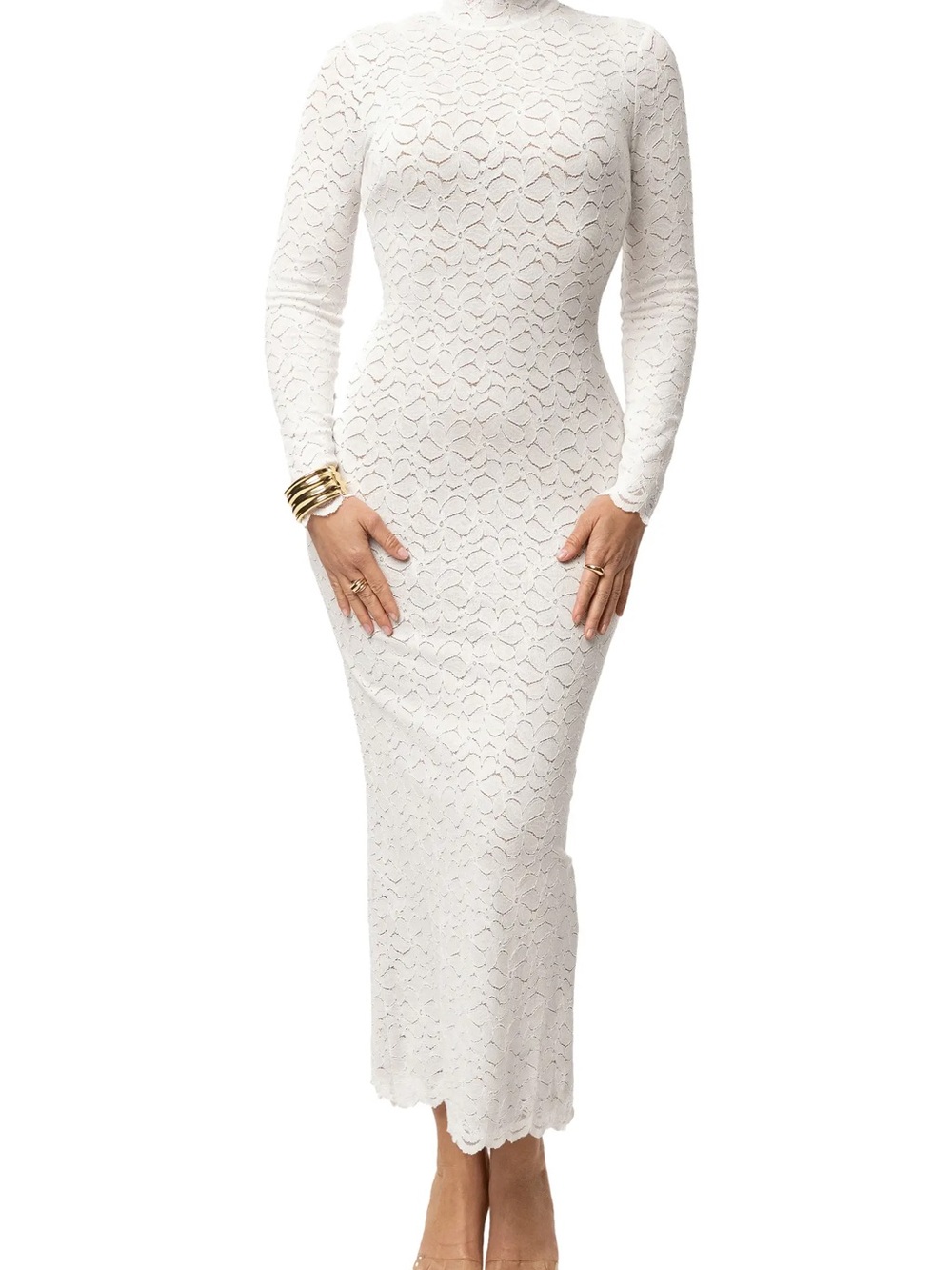 JLUXLABEL Amara Long Sleeve Mock Neck Dress White Lace Long-Sleeve Maxi Dress